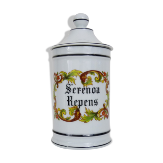 Old apothecary pot, pharmacy pot in earthenware from Limoges France, painted by hand. Year 60
