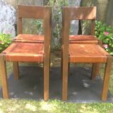Series of 4 vintage chairs with elm base and brown leather seats in the Pierre Chapo way.