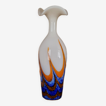 Vase en verre de Murano rouge, blanc et bleu vintage par Carlo Moretti, Italie, années 1970