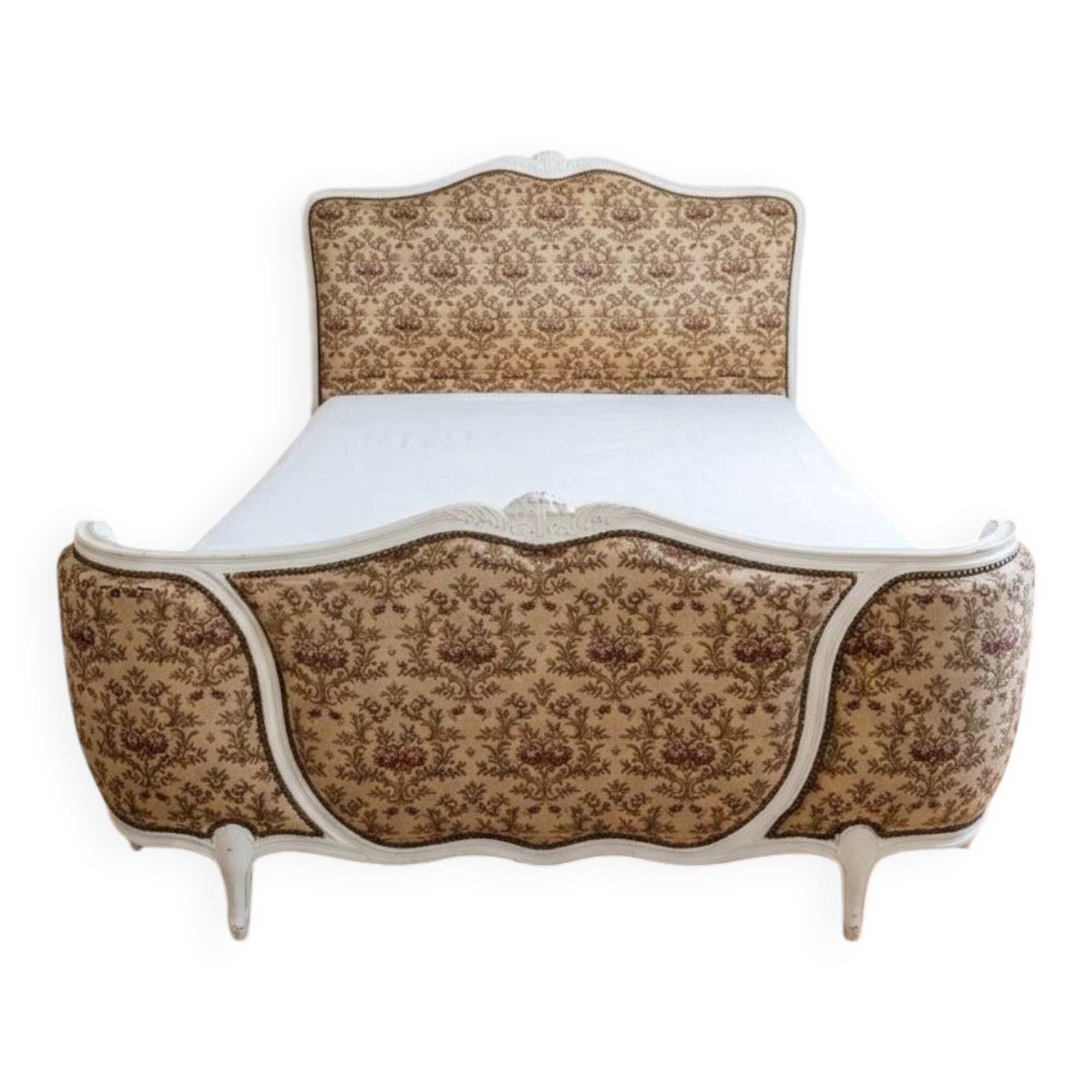 Double bed Louis XV in wood and floral fabric