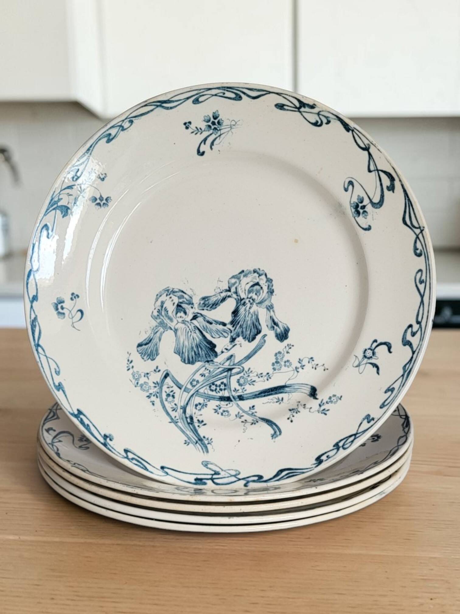 5 earthenware plates from Creil and Montereau "Crémone", ironstone Art Nouveau