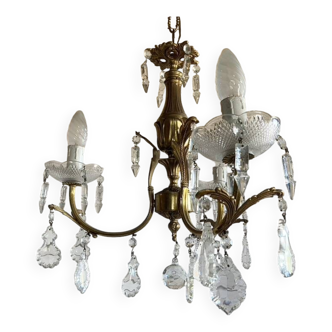Lustre en métal et pampilles de cristal, vintage, début XXème s.