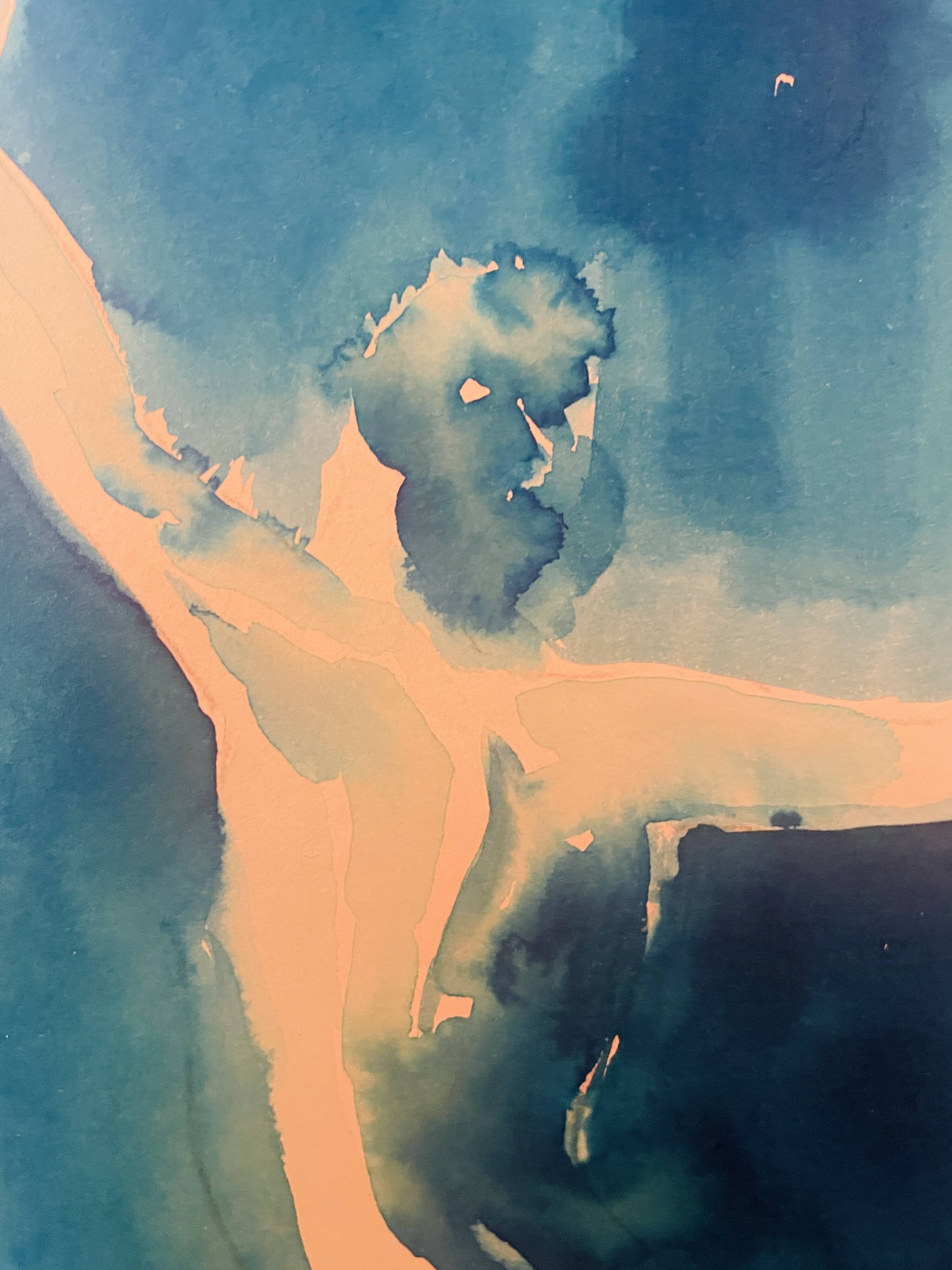 Monochrome blue watercolour tableau collection "Blue Lady" Dance, signed.