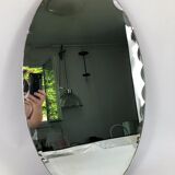 Bevelled art deco oval mirror mounted on wood with vertical or horizontal original chain 38x68cm