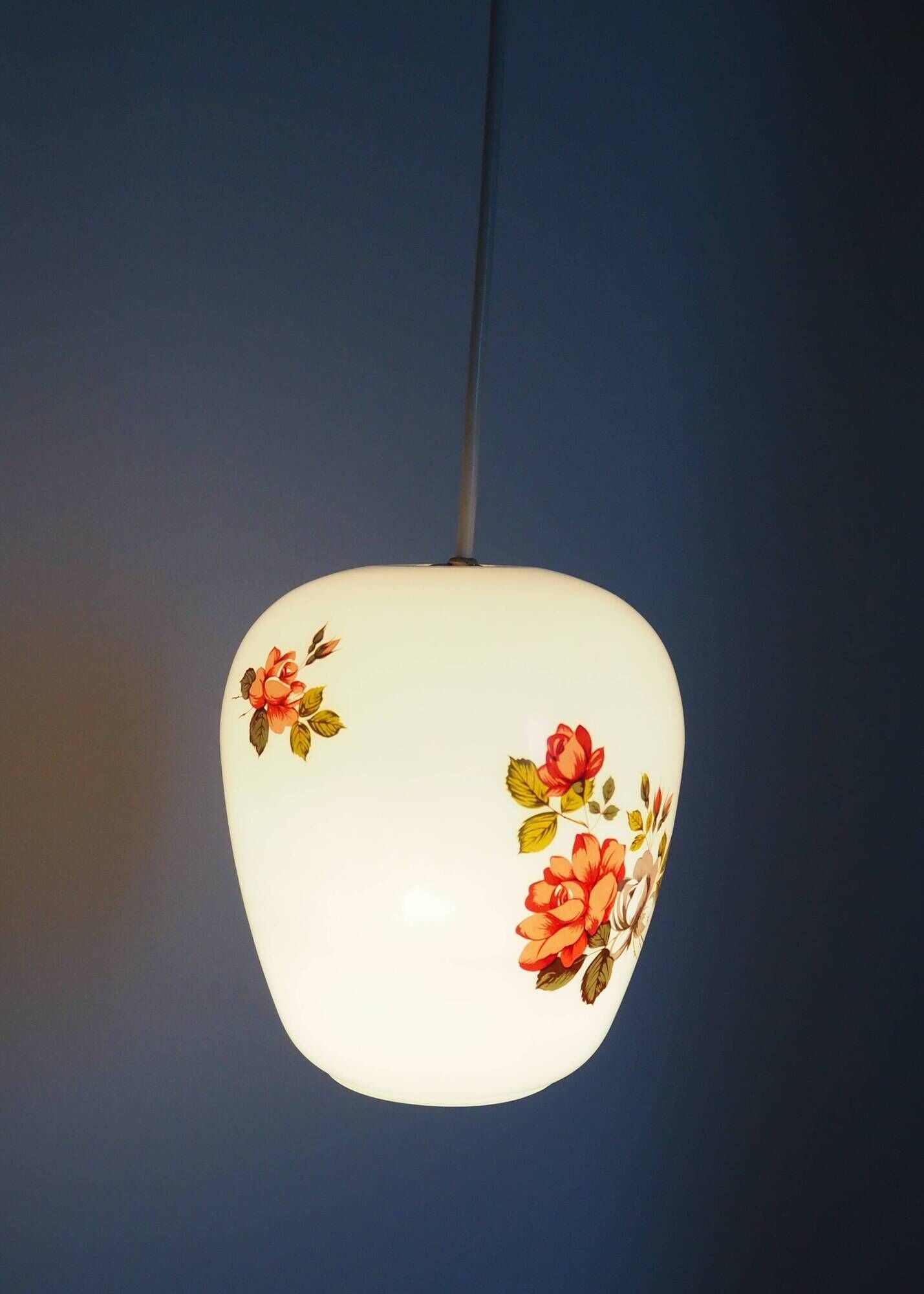 White opaline pendant lamp bouquets of roses from the 1970s.