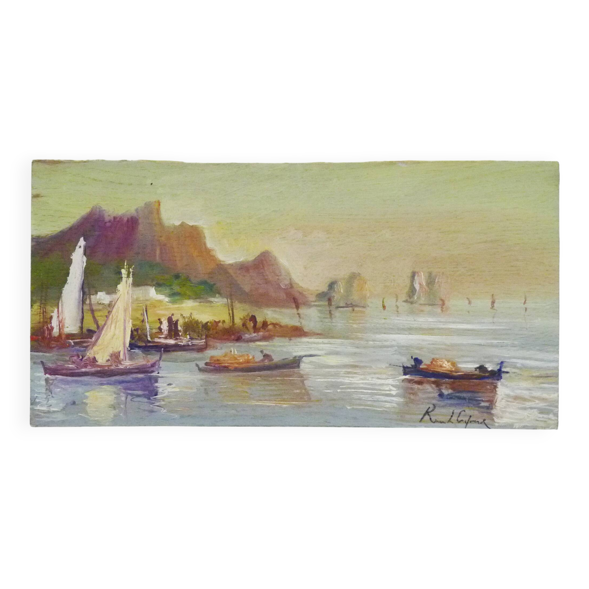 Oil on wood by Riccardo Capone fishermen Italy 50s 60s