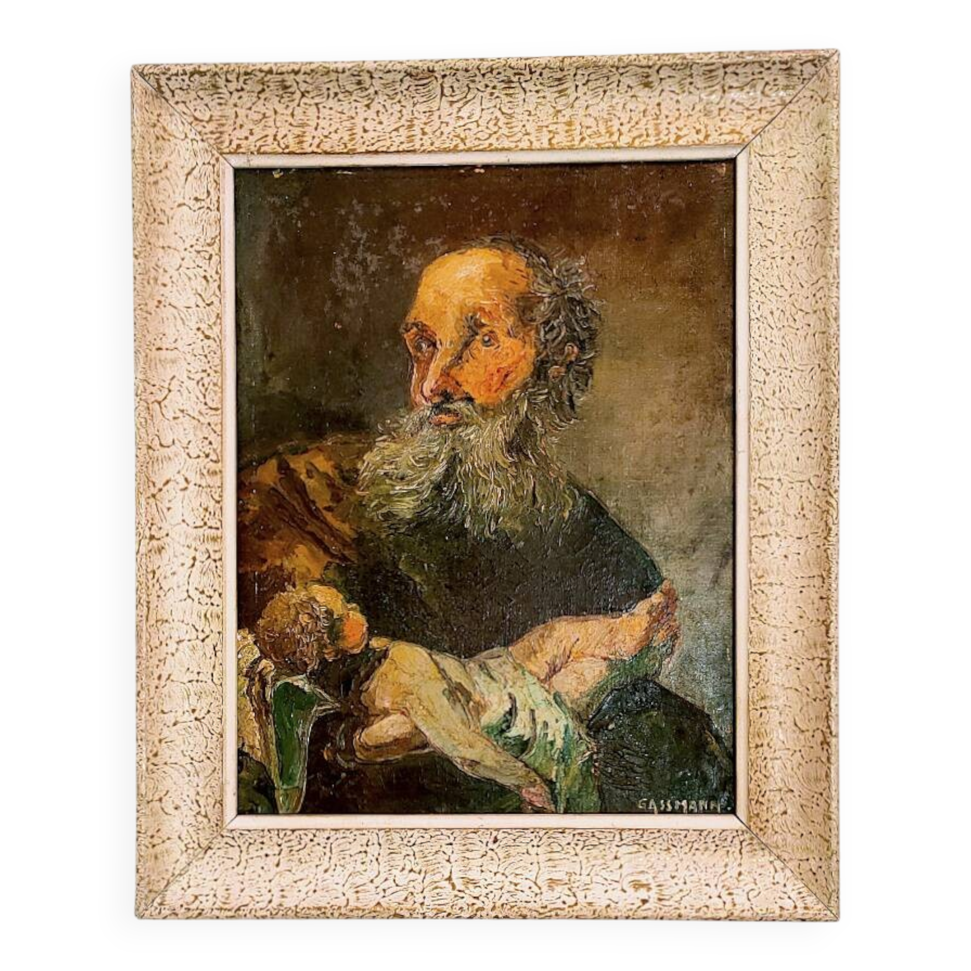 Painting signed GASSMANN (Bernard, 1942) – HSP - Old man carrying a child