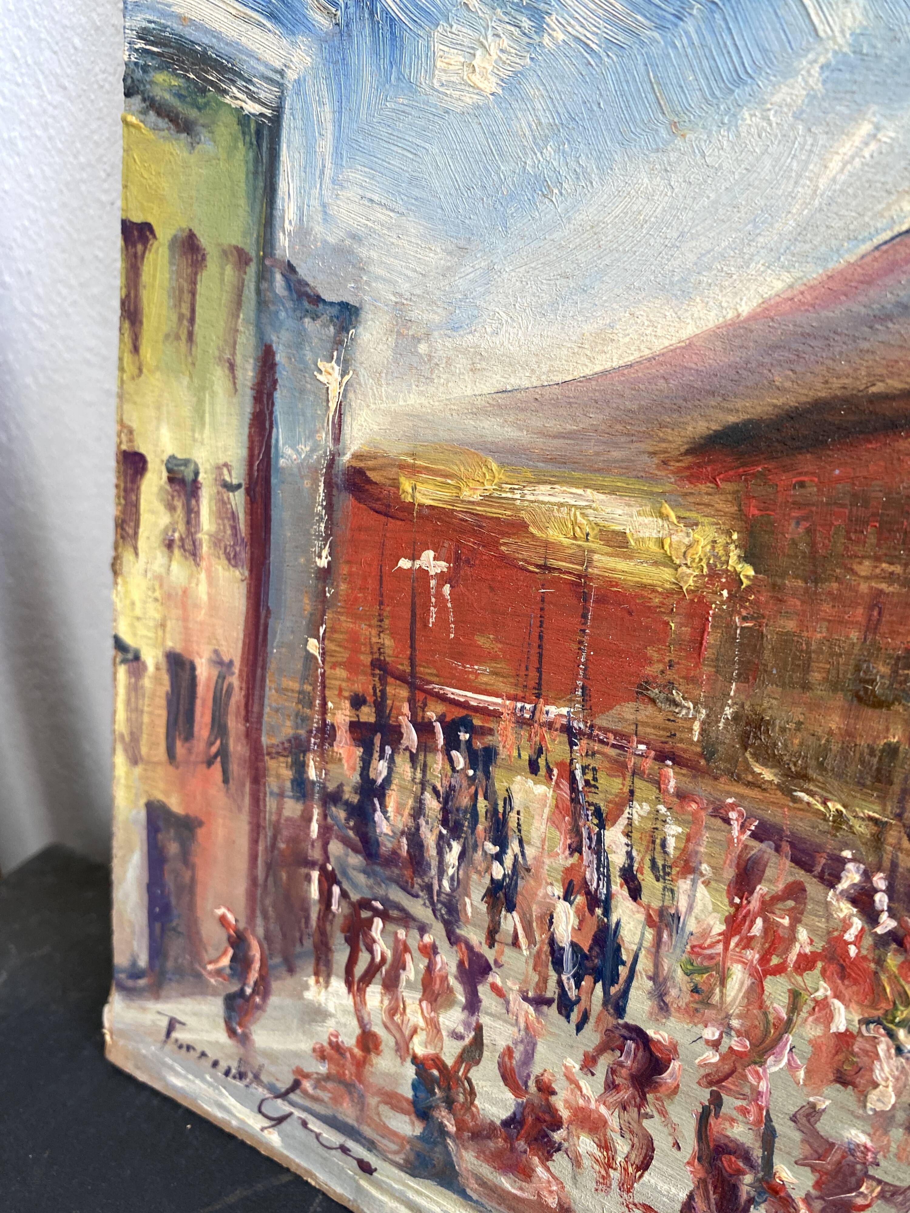 Oil on wood, “village festival”, Italy, 1960s