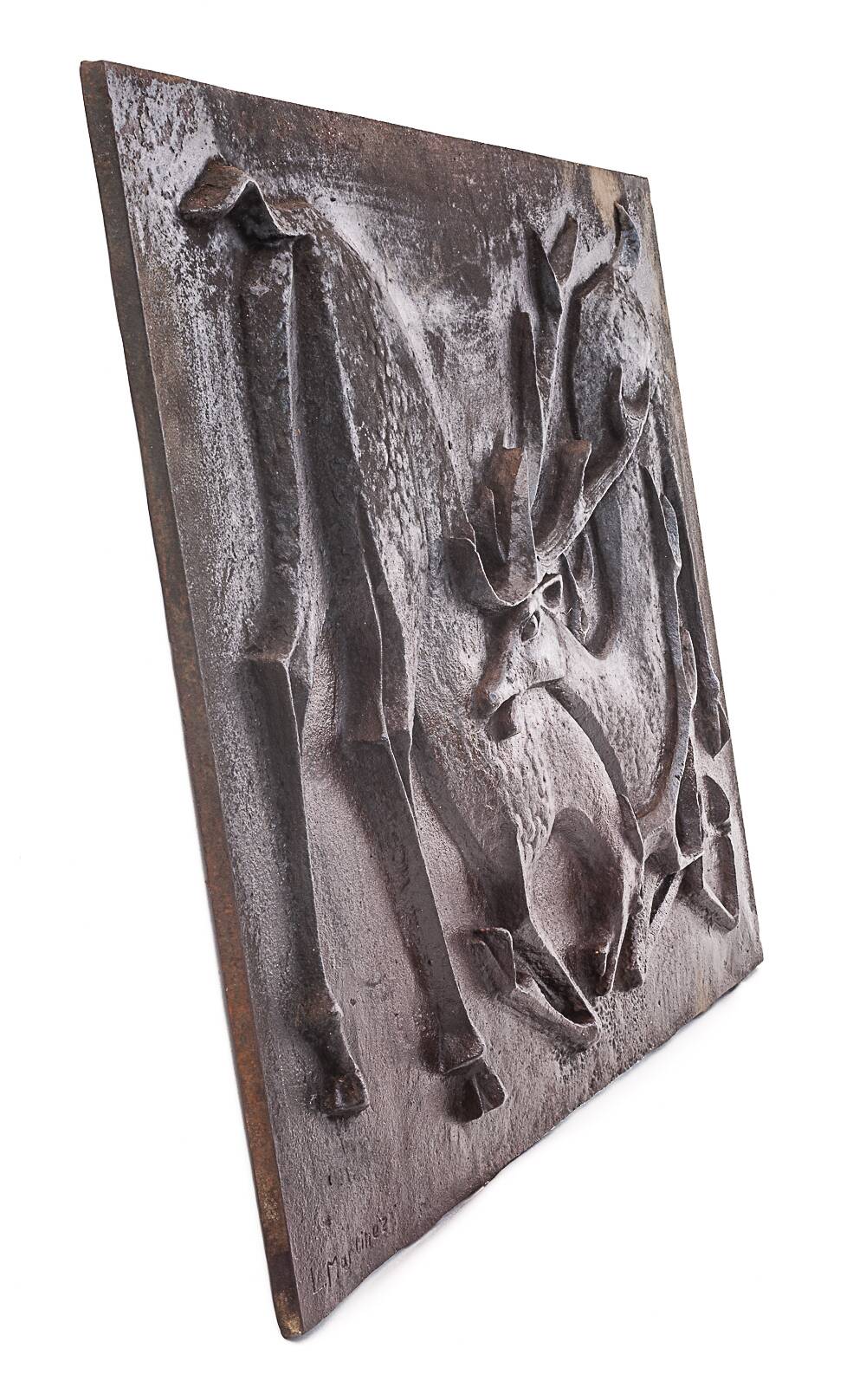 Cast iron fireplace plaque. Signed "L. Martinez". Stern Foundry Circa 19