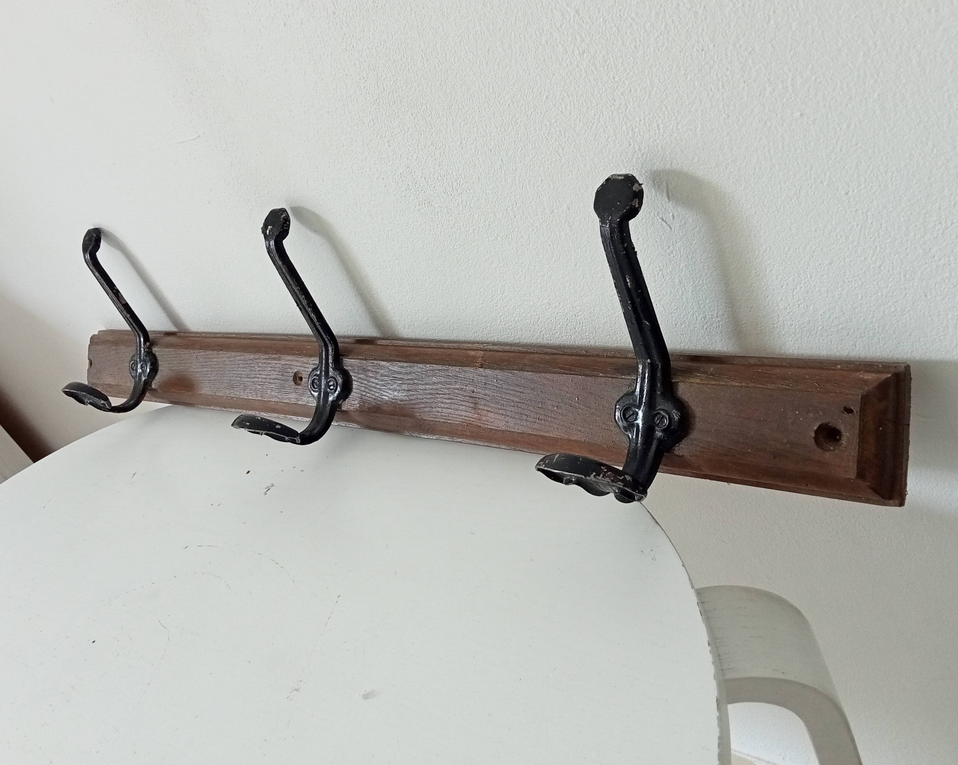 Vintage solid wood and metal wall coat rack
