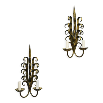 Pair of vegetal iron wall lamps, 1970s.