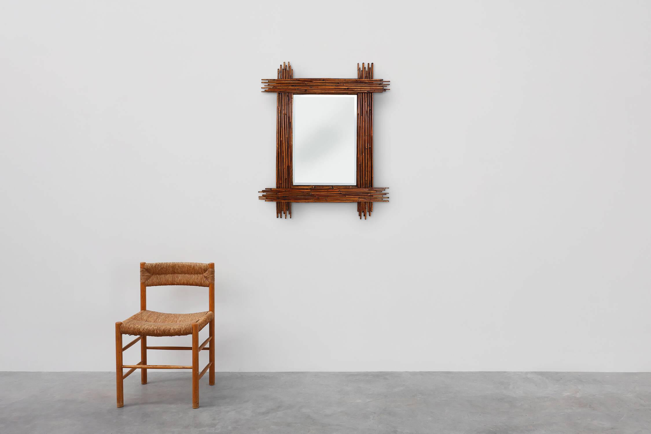 Large Vintage bamboo mirror with beveled mirror, France 1960s