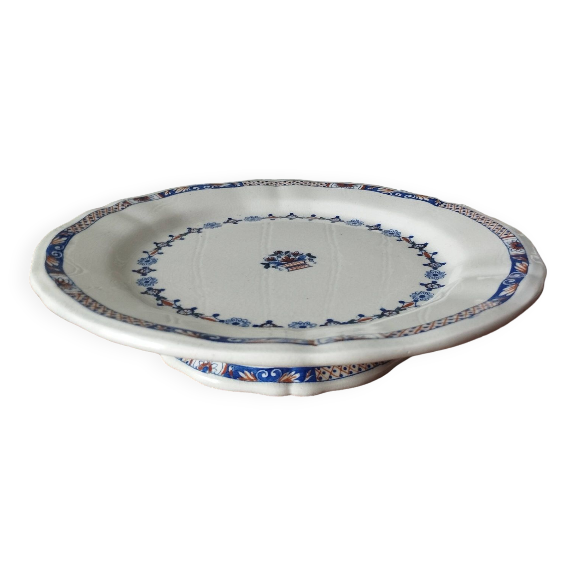 Old mounted plate, compotier in iron earthenware E. Bourgeois large deposit “Rouen XVIII”