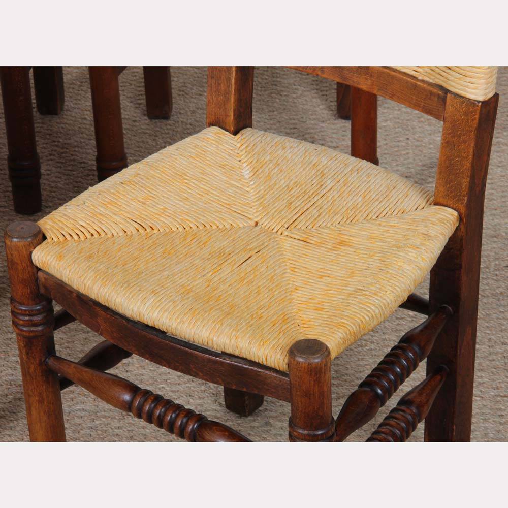 Set of 4 wooden chairs with rush seats, French work, 1940.