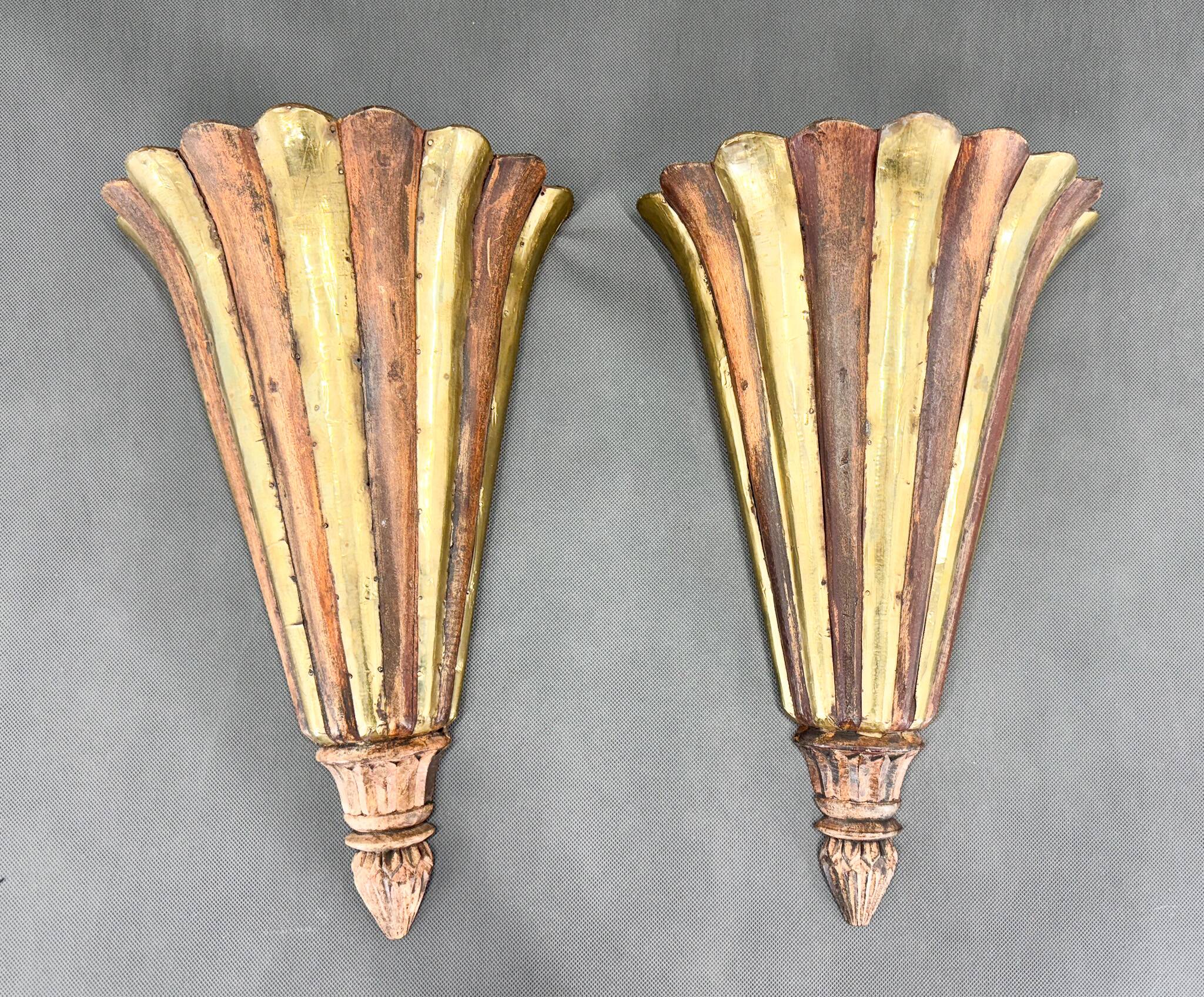 Antique Wood & Brass Wall Lights, France
