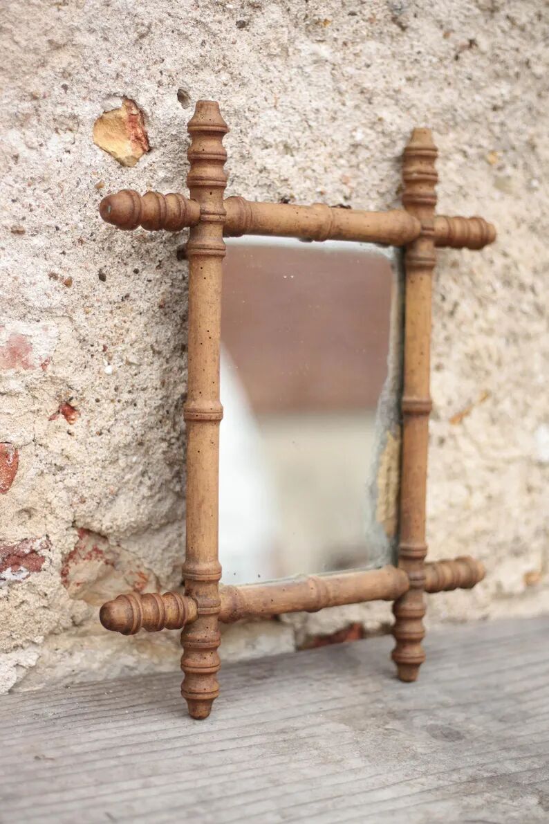 Wooden bamboo imitation mirror, antique mirror, hanging mirror, interior decor, mirror