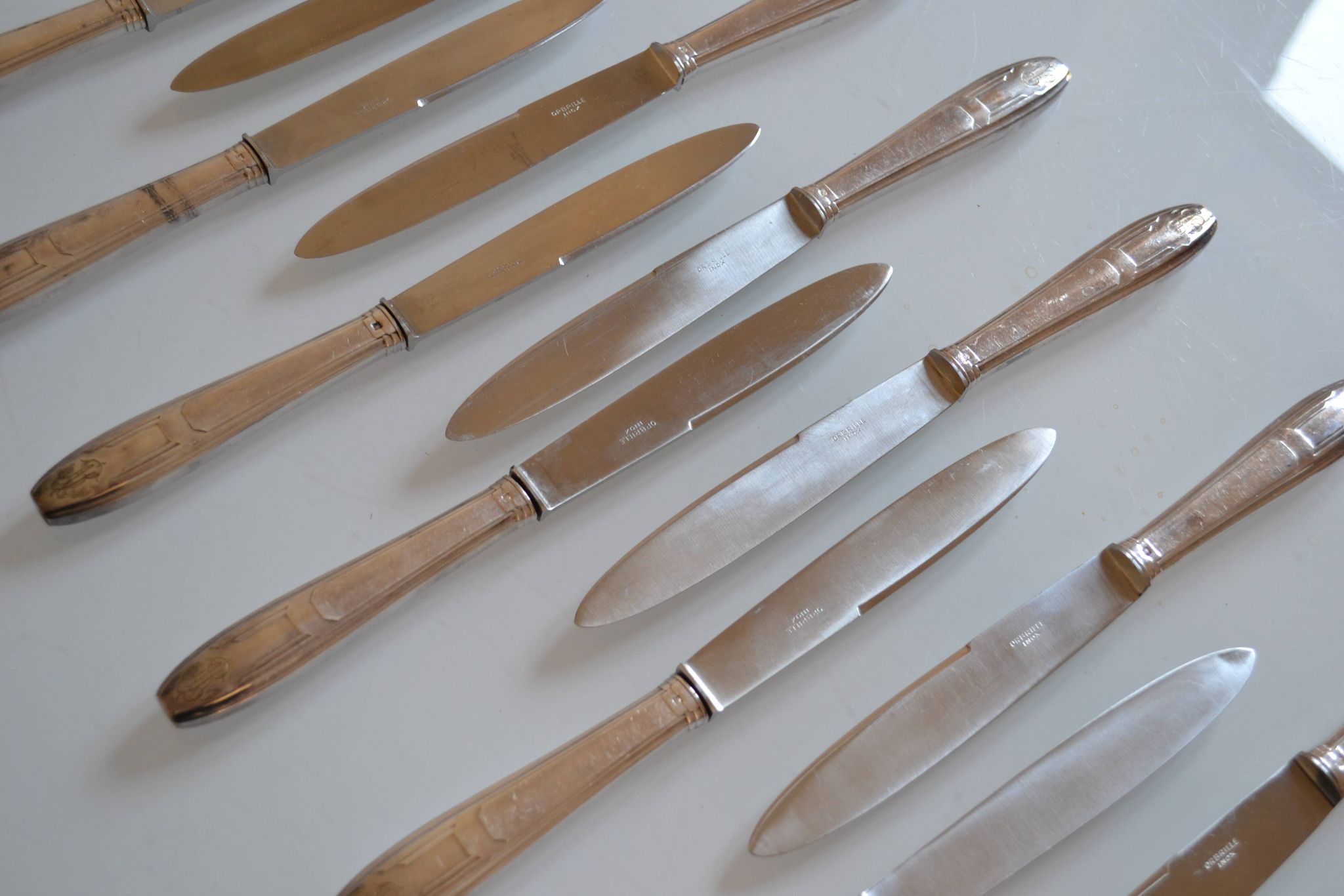 12 art deco table knives silver metal 25 cm monogram AR