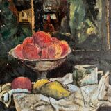 Oil on canvas 20th century still life with fruit and cloth, whitewashed frame