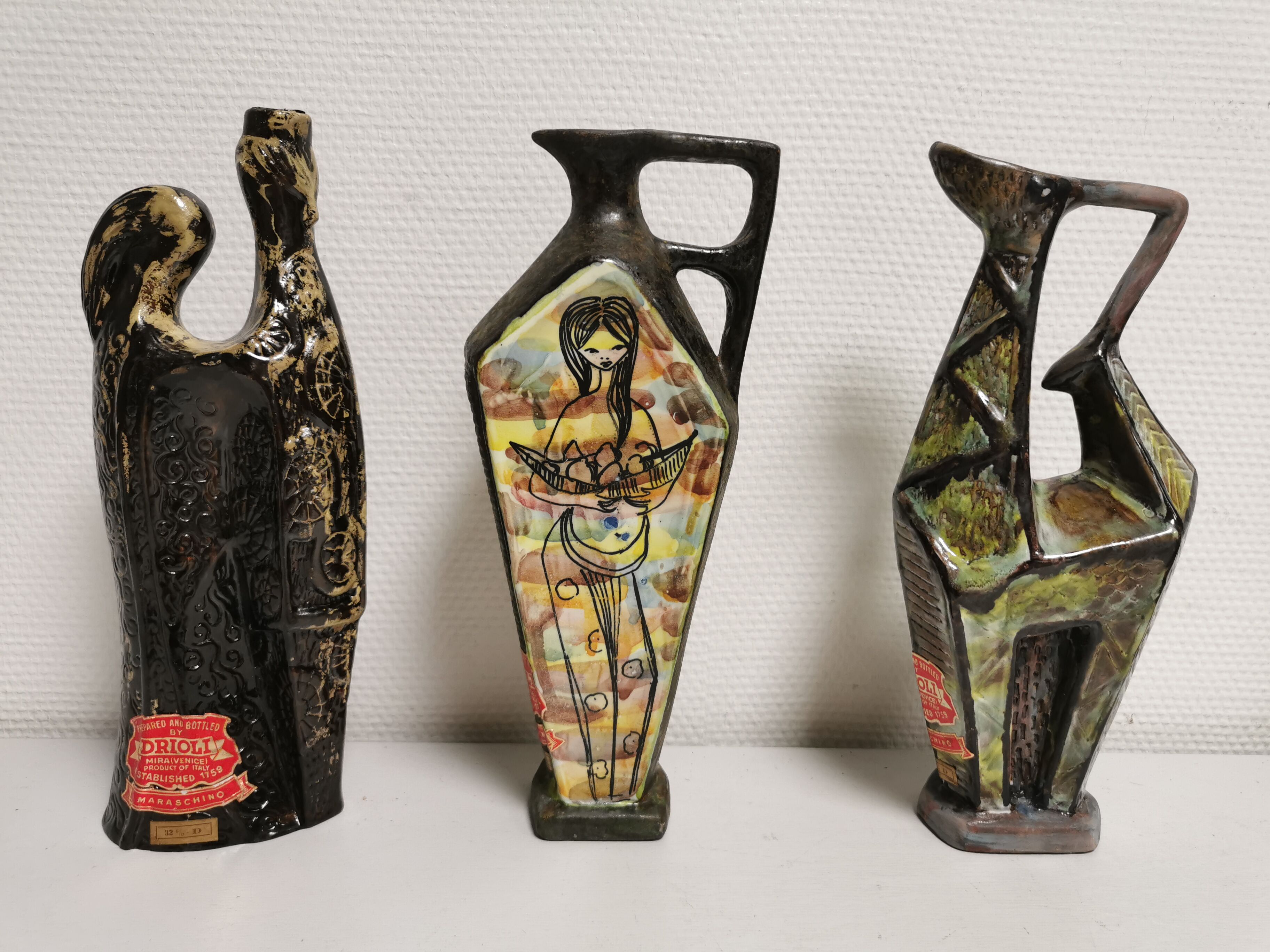 box of 3 vintage decanters , Ceramic bottles Italy DRIOLI MARASCHINO