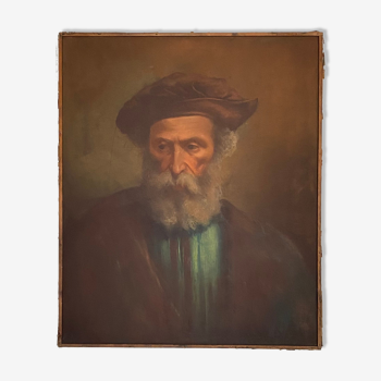 Old painting, portrait of a scholar with a nineteenth century hat