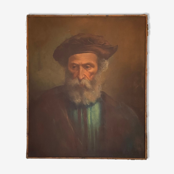 Tableau ancien , portrait d’un érudit au chapeau XIX début XX siècle