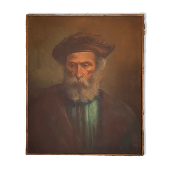 Old painting, portrait of a scholar with a nineteenth century hat