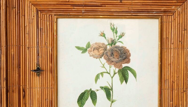 Split bamboo cabinet and engravings under glass 1960