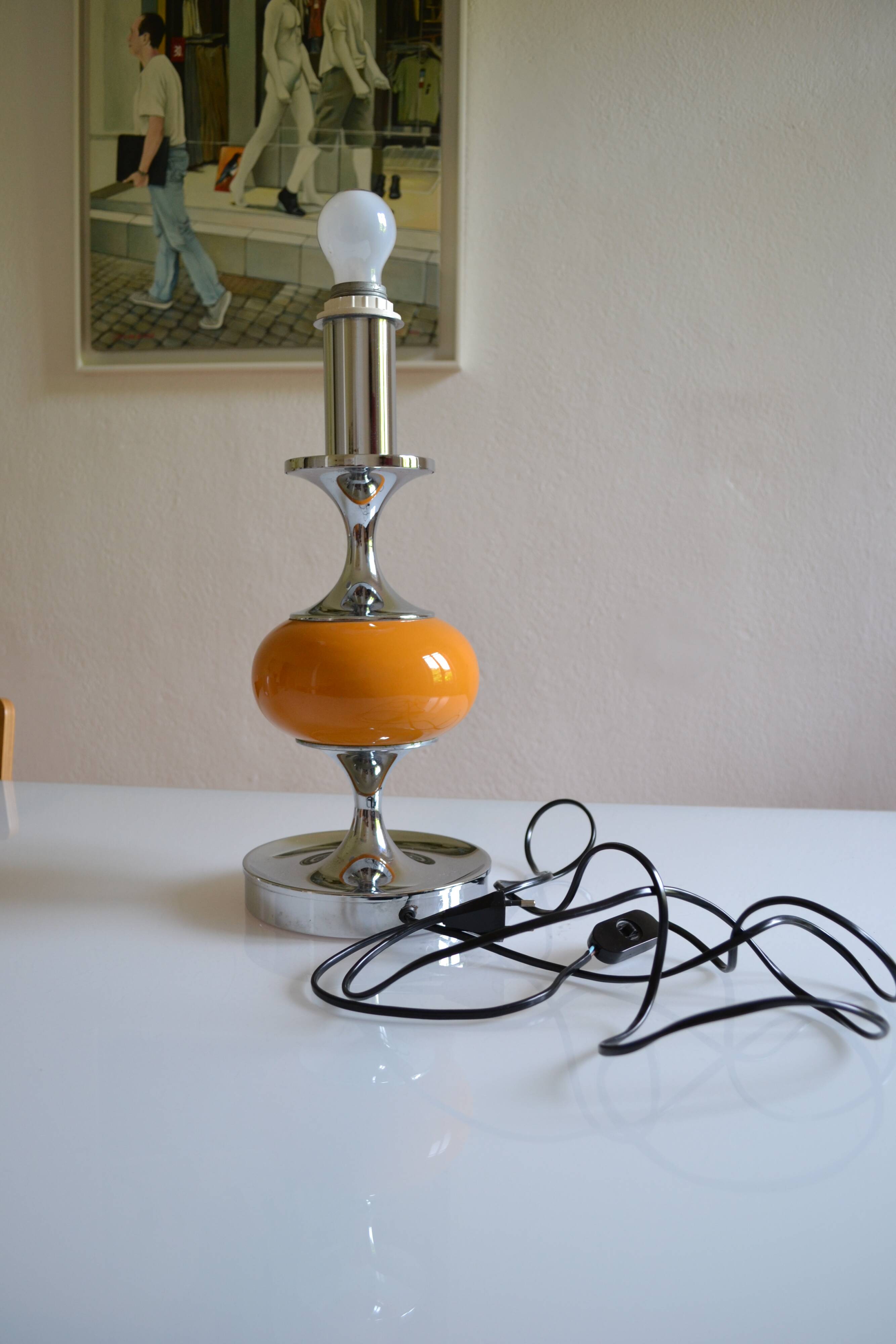 Vintage lamp base yellow and chrome metal circa 1970