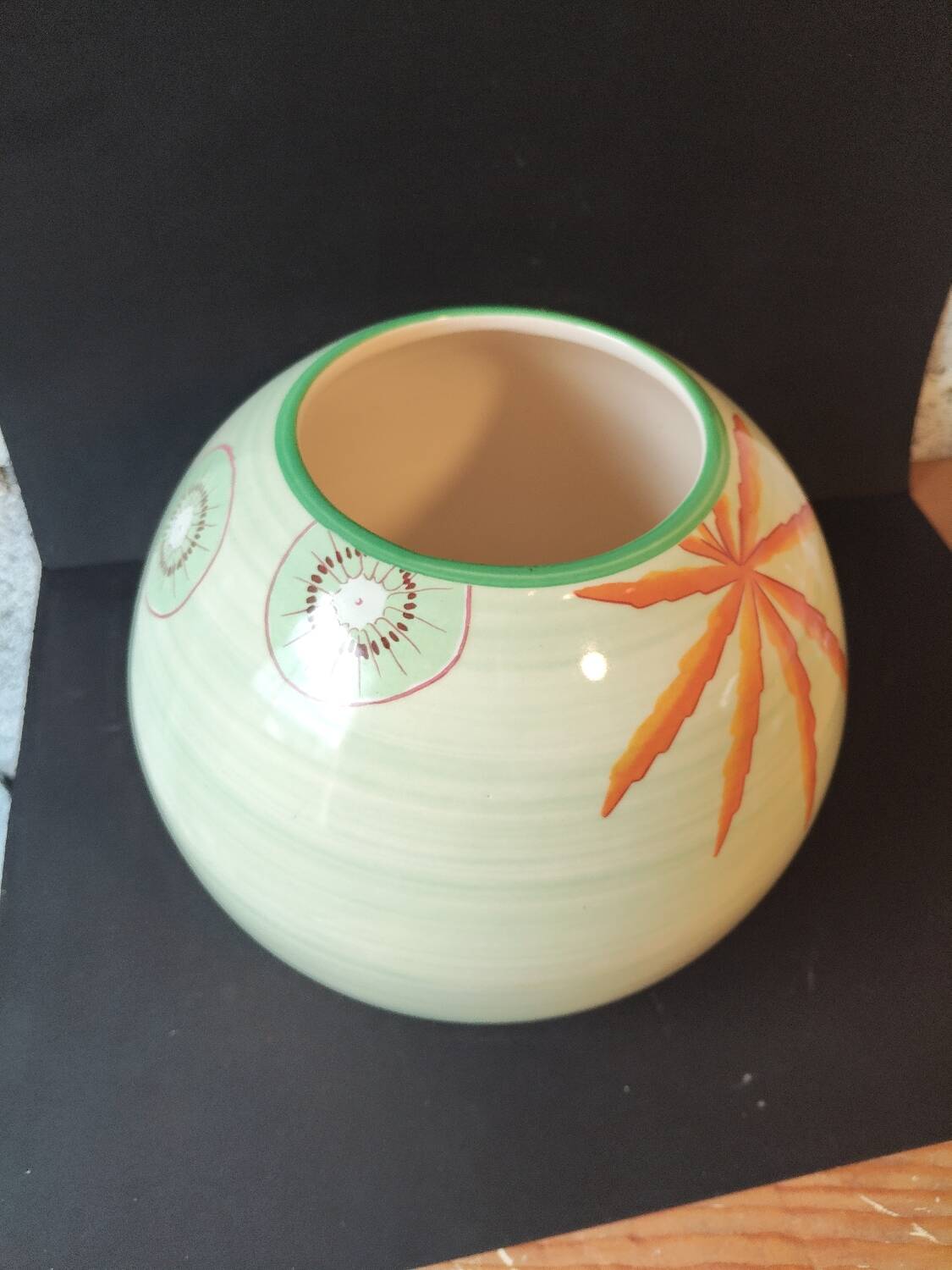 Lunéville France round vase – kiwi & leaf decoration – soft green vintage