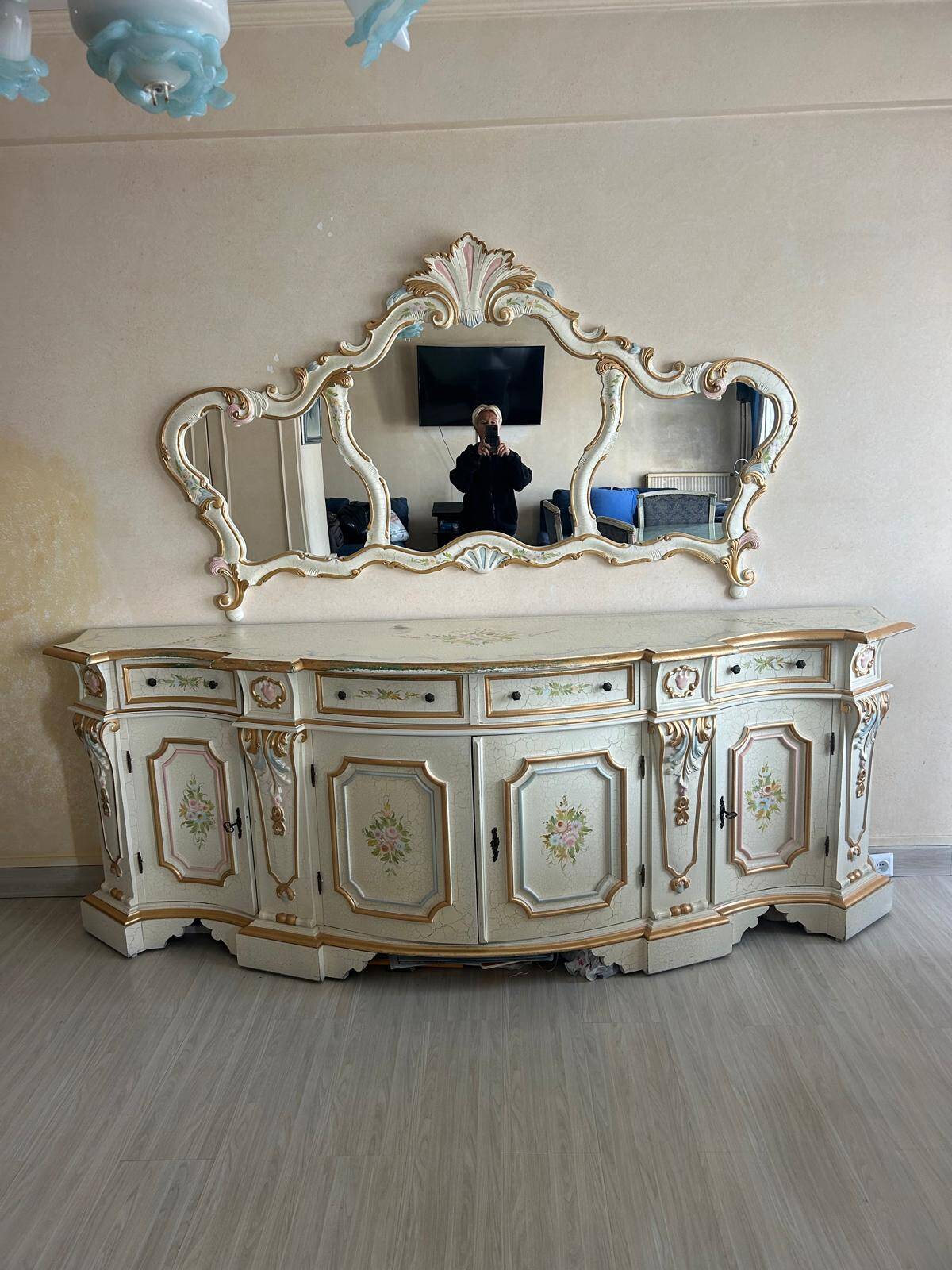 Rococo style white wooden sideboard
