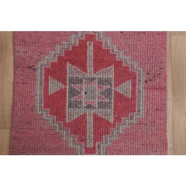 1970s Vintage Turkish Handmade Wool & Cotton Pink Runner Rug 83x307