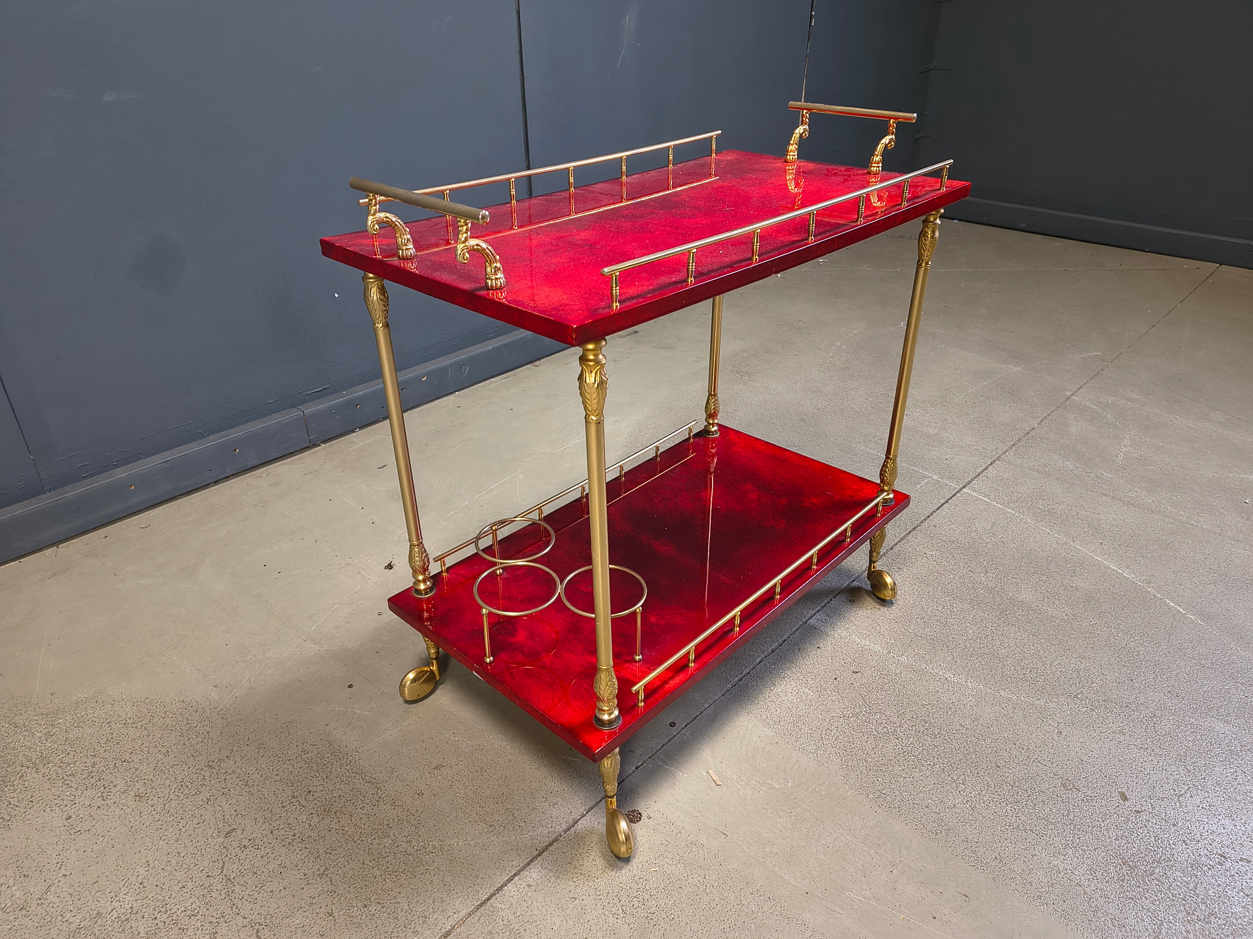 Rare Italian lacquered goatskin / parchment serving bar cart by Aldo Tura, 1960s