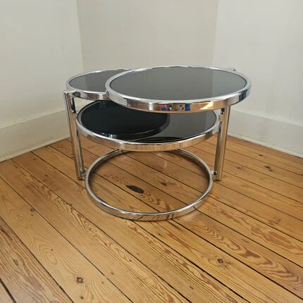 Vintage coffee table with 3 levels and rotating trays in chrome metal and smoked glass - Space Age 1970s.