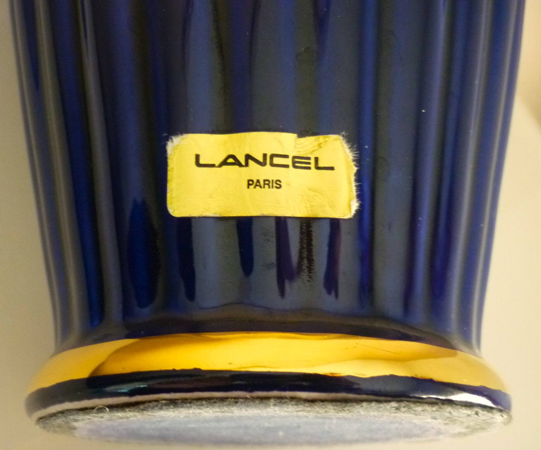 Vintage glazed ceramic vase, cobalt blue and gilt, Lancel Paris