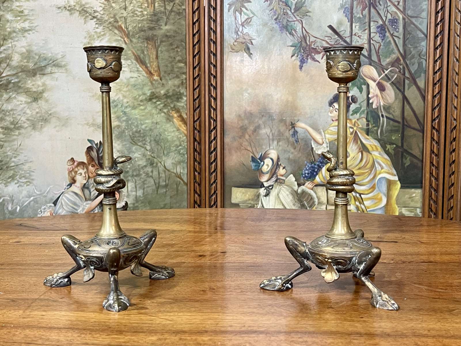 Pair of bronze candle holders XIXth decoration snakes