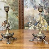 Pair of bronze candle holders XIXth decoration snakes