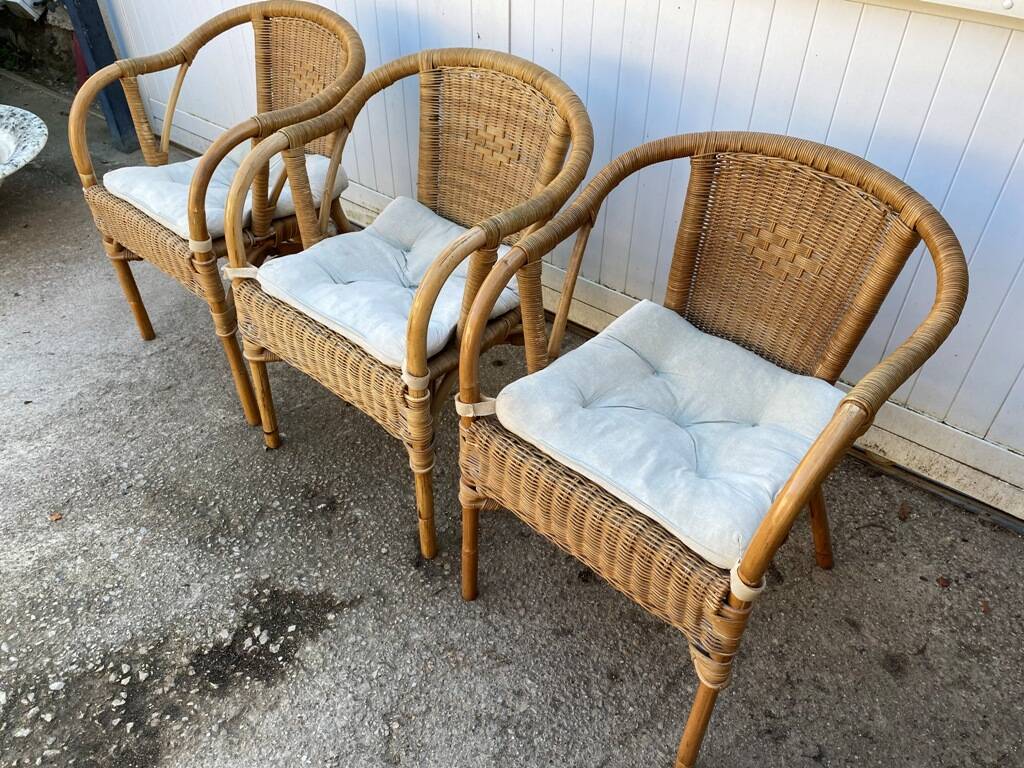 Set of 3 vintage rattan and wicker armchairs