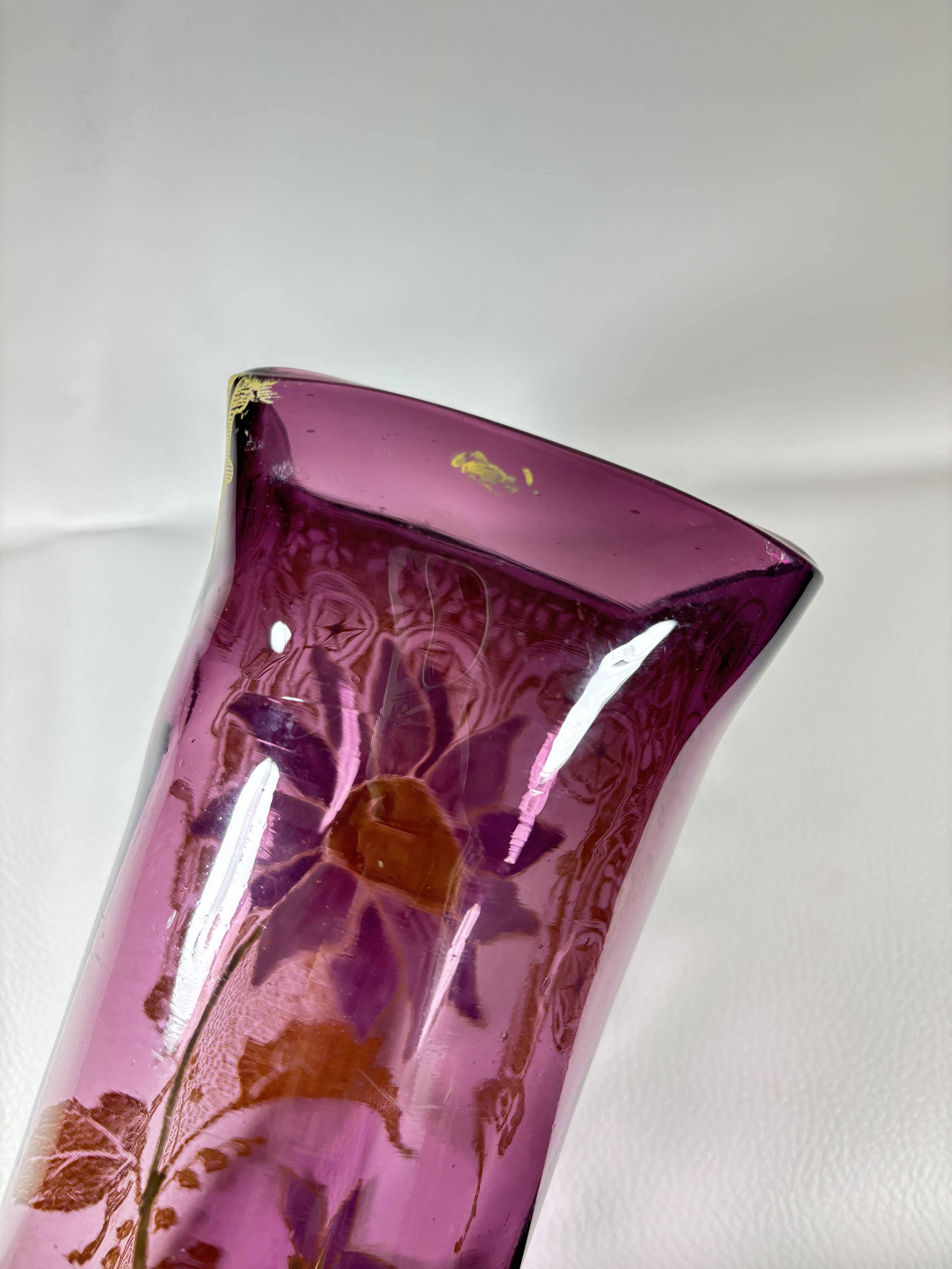 Large purple Legras vase with enameled flower decoration