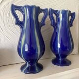 Pair of Art Deco vases in faience from Vierzon, Louis Gueule, cobalt blue.