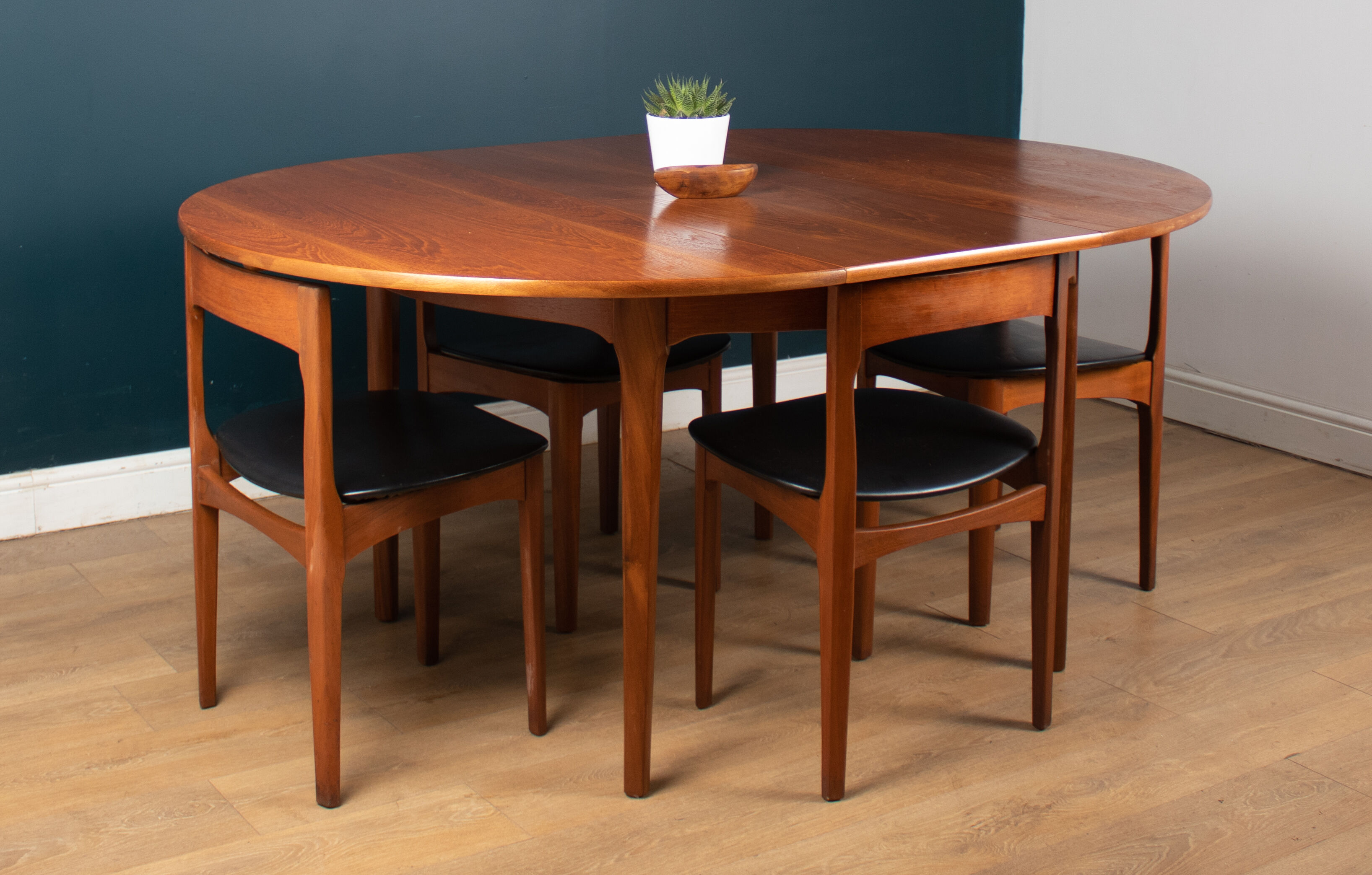 Retro Teak 1960s Round Dining Table & Four Space Saving Chairs By Nathan