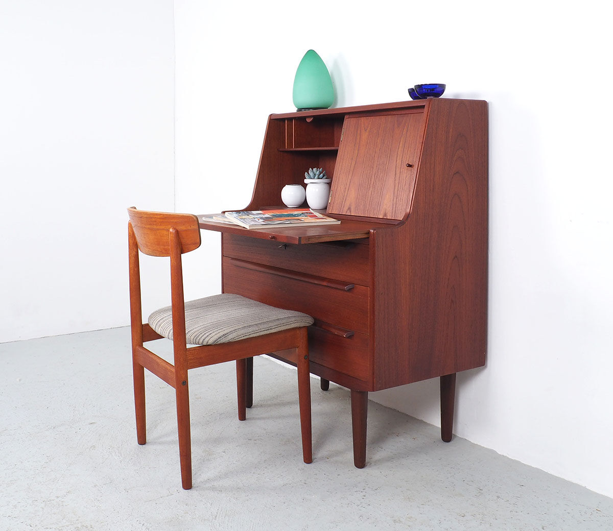 Danish teak secretaire with mirror and pull out desk, 1960s Danish teak secretaire with mirror