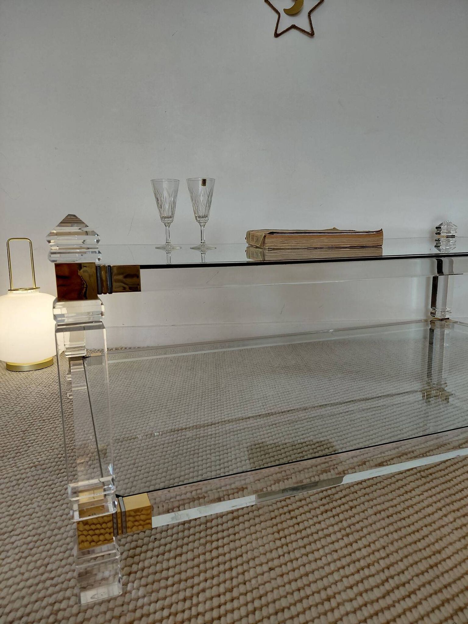 Large Hollywood Regency coffee table Lucite Brass double top 70s