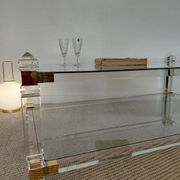 Large Hollywood Regency coffee table Lucite Brass double top 70s