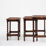 20th Century set of 3 oak and rattan nesting tables