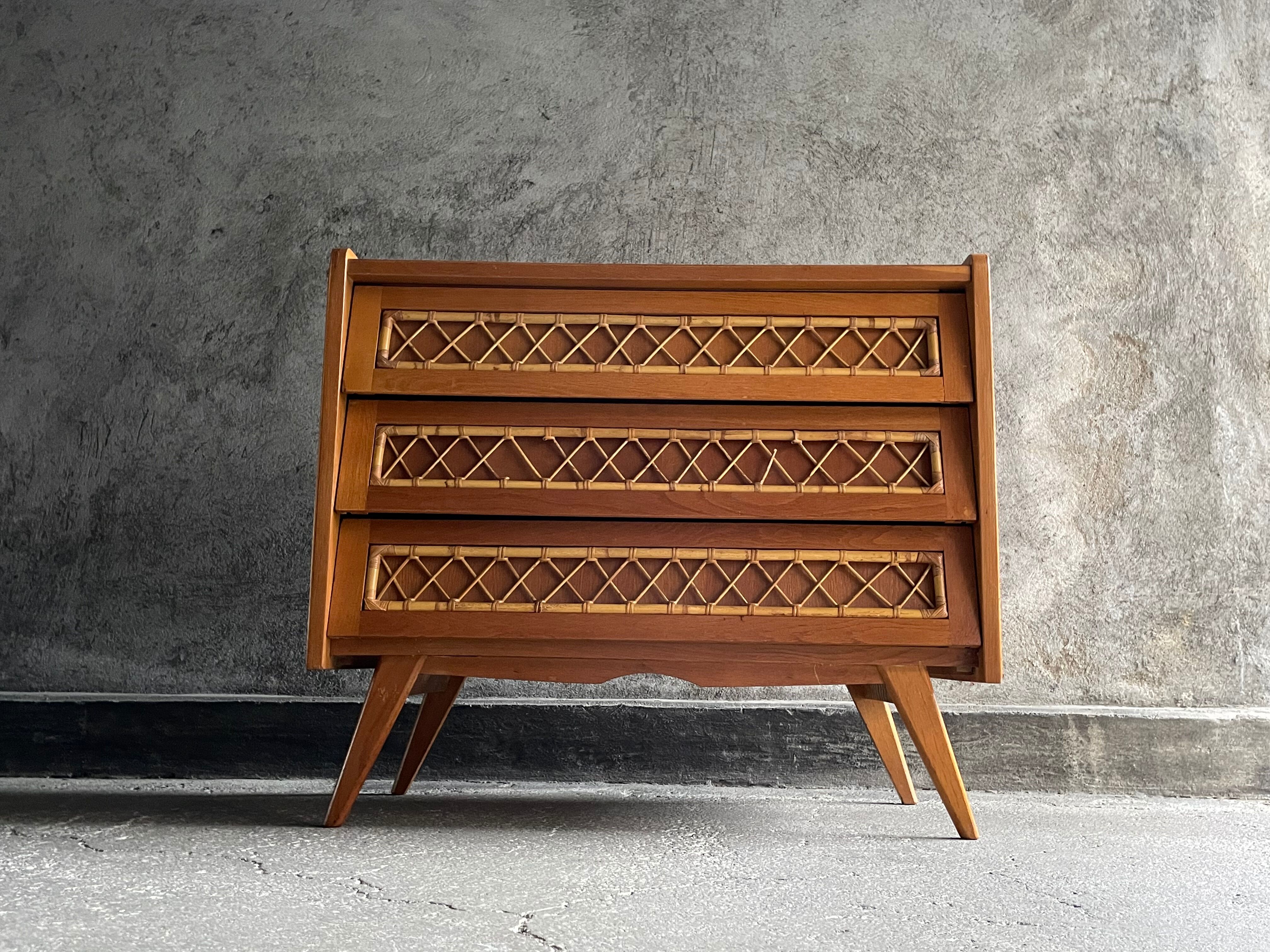 3-drawer chest of drawers with rattan decorations, France 1970s