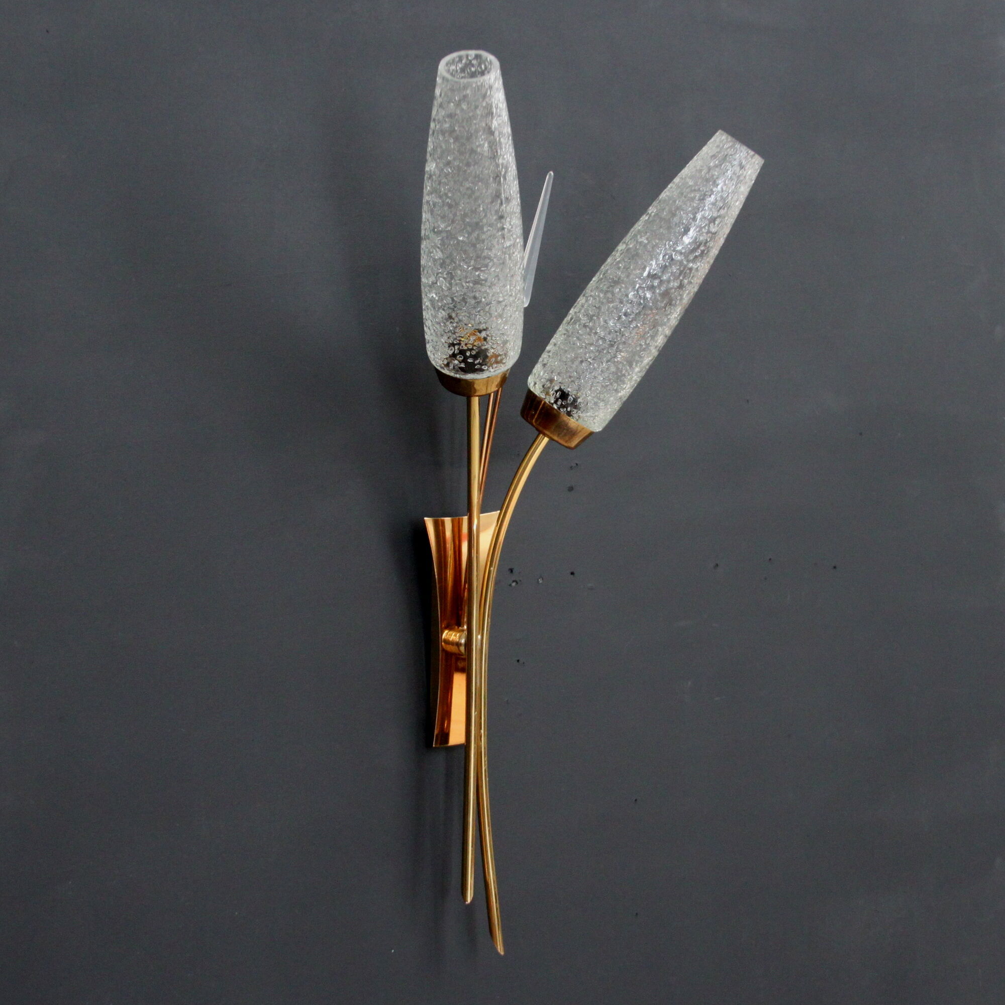 Pair of brass and moulded glass wall lamps, circa 1950