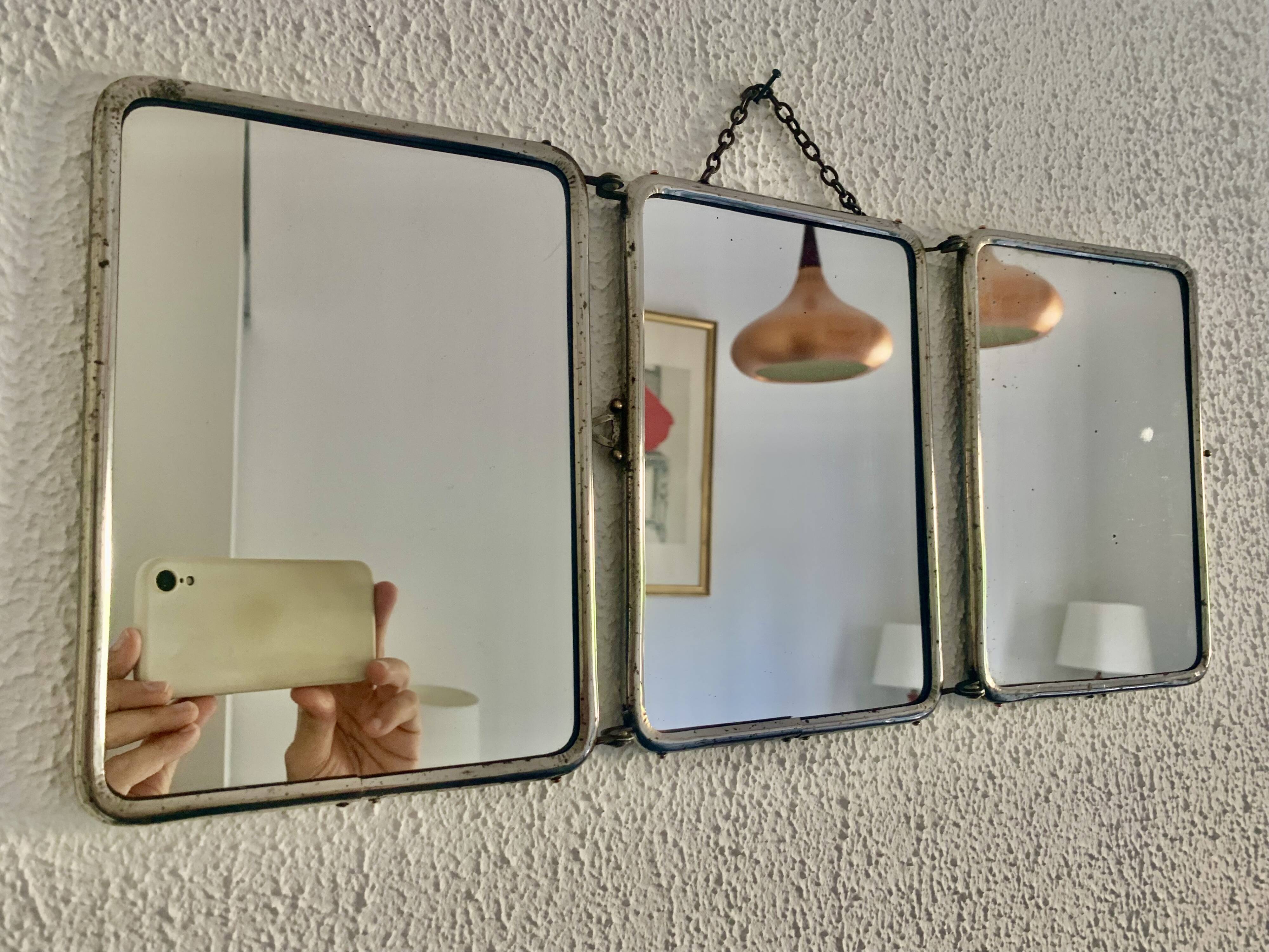 Vintage 1940s chocolate chrome barber triptych mirror - 21 x 49 cm