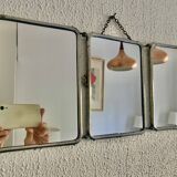Miroir triptyque barbier chromé chocolat vintage 1940 - 21 x 49 cm