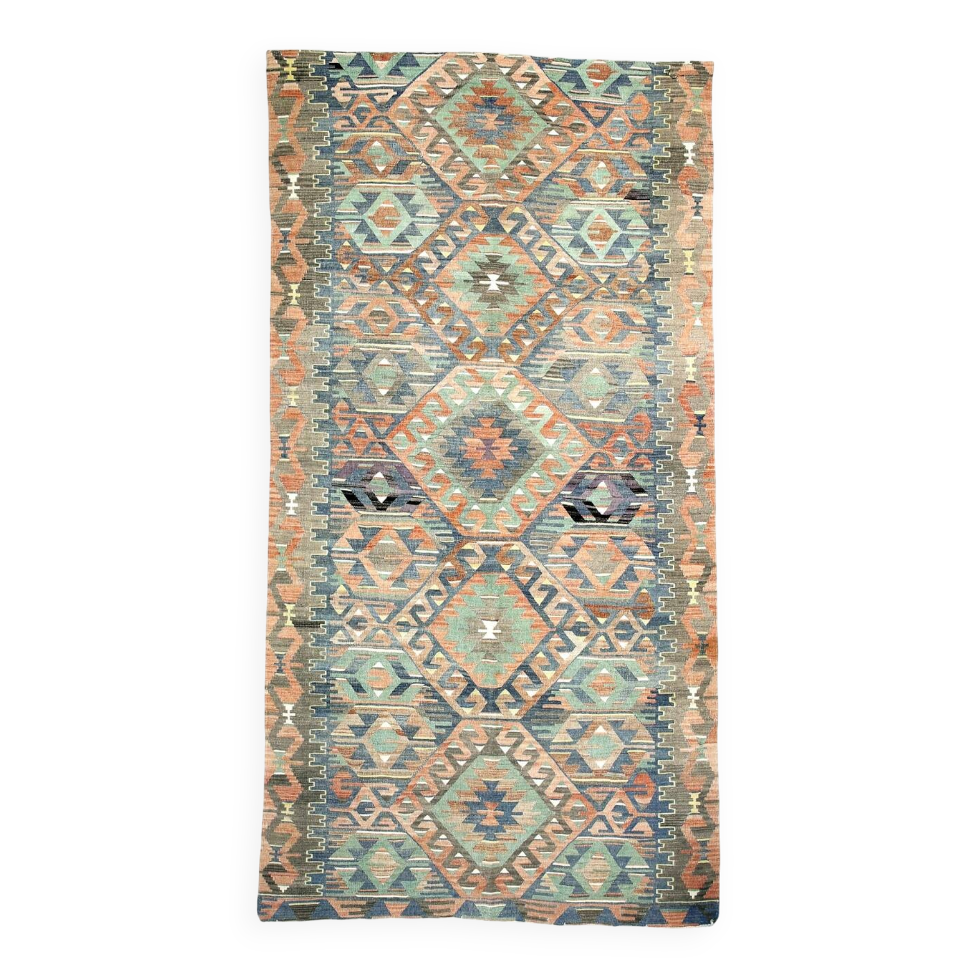 5x11 Green & Blue Tribal Turkish Vintage Kilim Rug 170x333Cm SK 35197