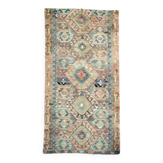 Tapis Kilim turc vintage tribal vert et bleu 5x11 170x333 cm SK 35197